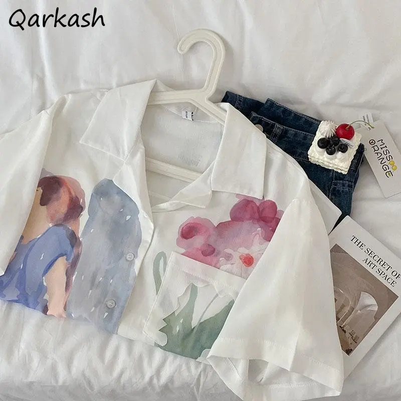 

Ink Print Shirts for Women Casual Retro Vintage Summer Thin Short Sleeve Females Students Harajuku Camisas Mujer Tender Clothes