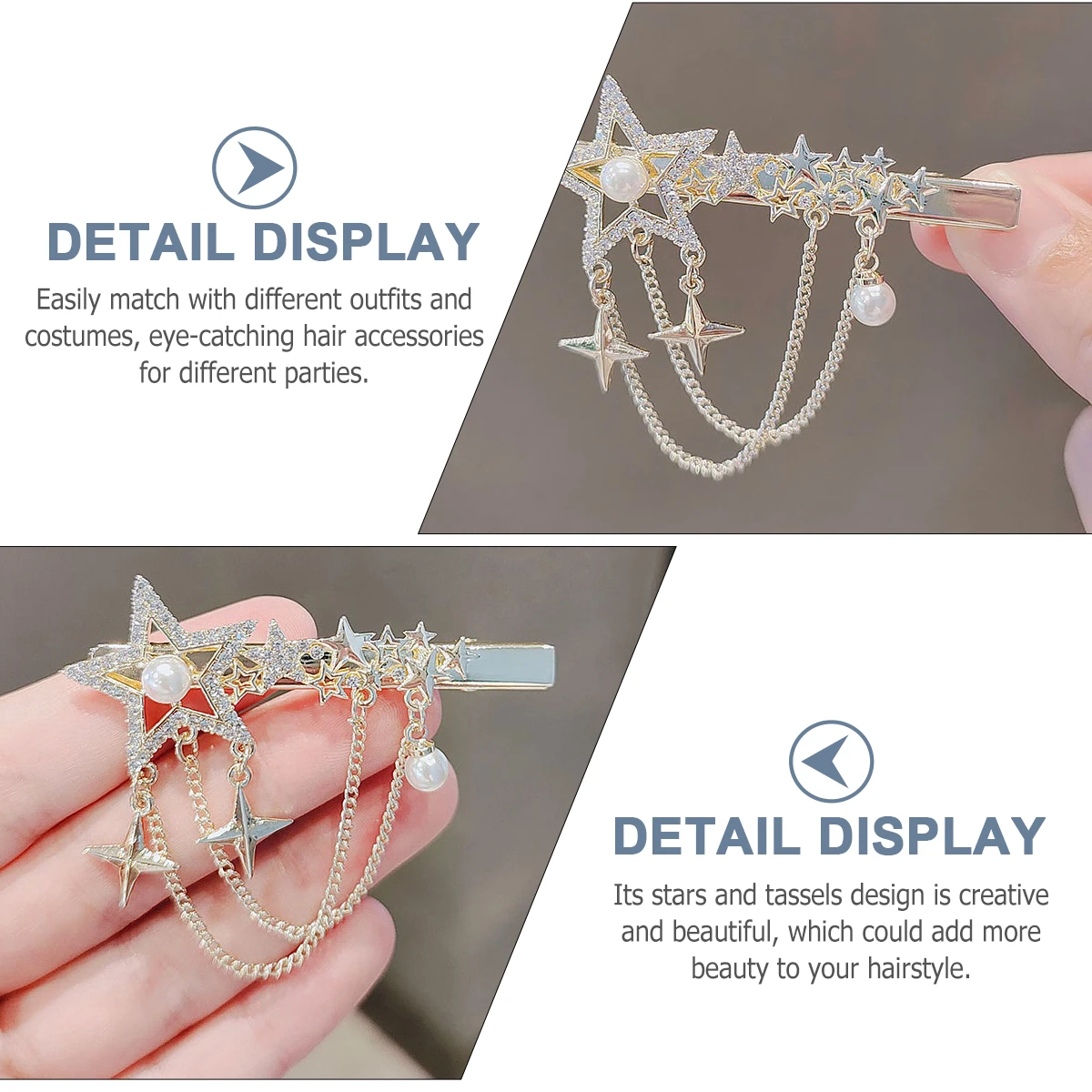 

3Pcs Star Hairpin Tassels Clip Rhinestone ABS Charming Decorative Hair Barrette for Girls Stylish Elegant Accessories Parties