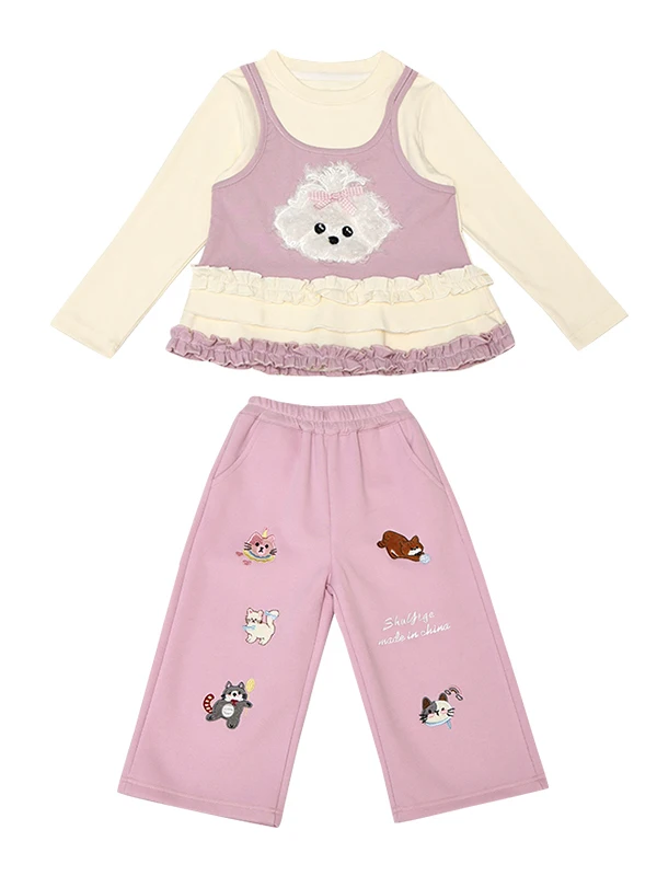 Roupa bordada para meninas verão outono faion conjunto solto calças de perna larga falso top de duas peças princ sle estudante orm
