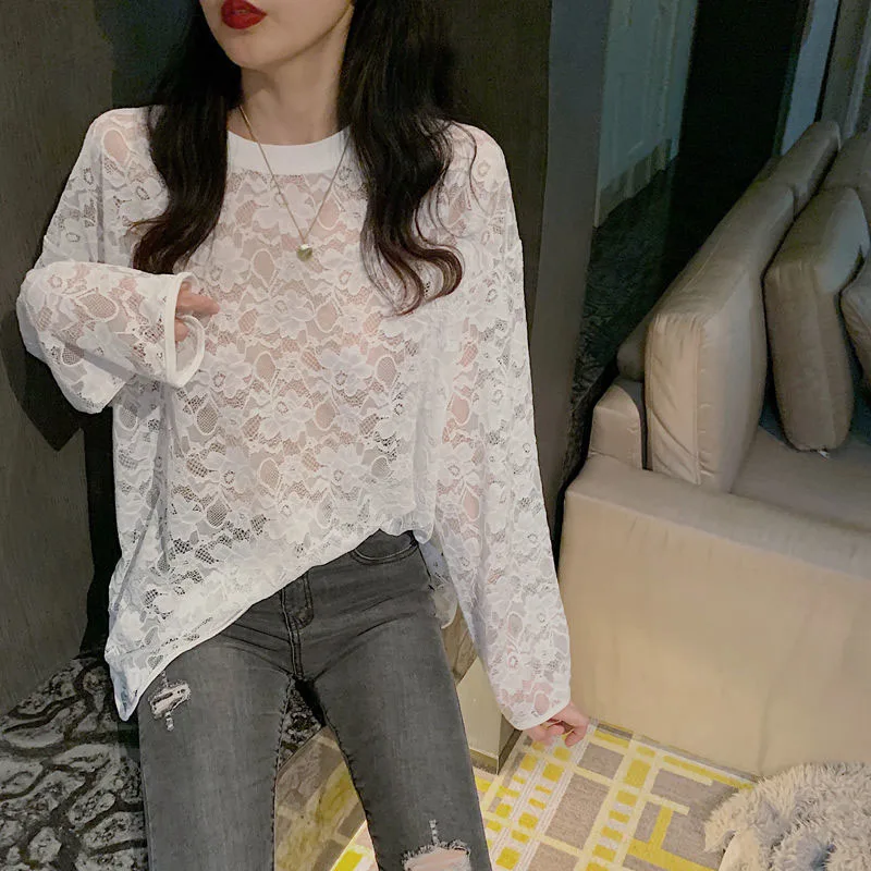 Xpqbb Korean Fashion Loose Lace Blouse Women All-match Sun Protection Hollow Out Shirts Female Summer Streetwear Smock Pullover