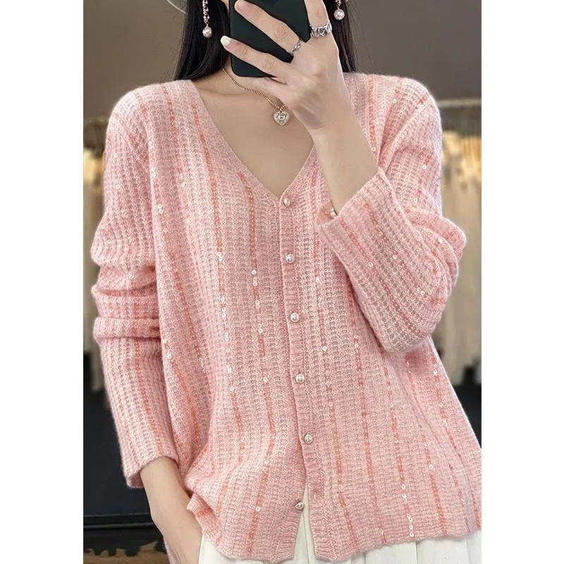 2025 Spring and Autumn New Women's Cardigan Fashion V-neck Sparkling Versatile Sweater Coat Loose Pearl Button Knitted Top