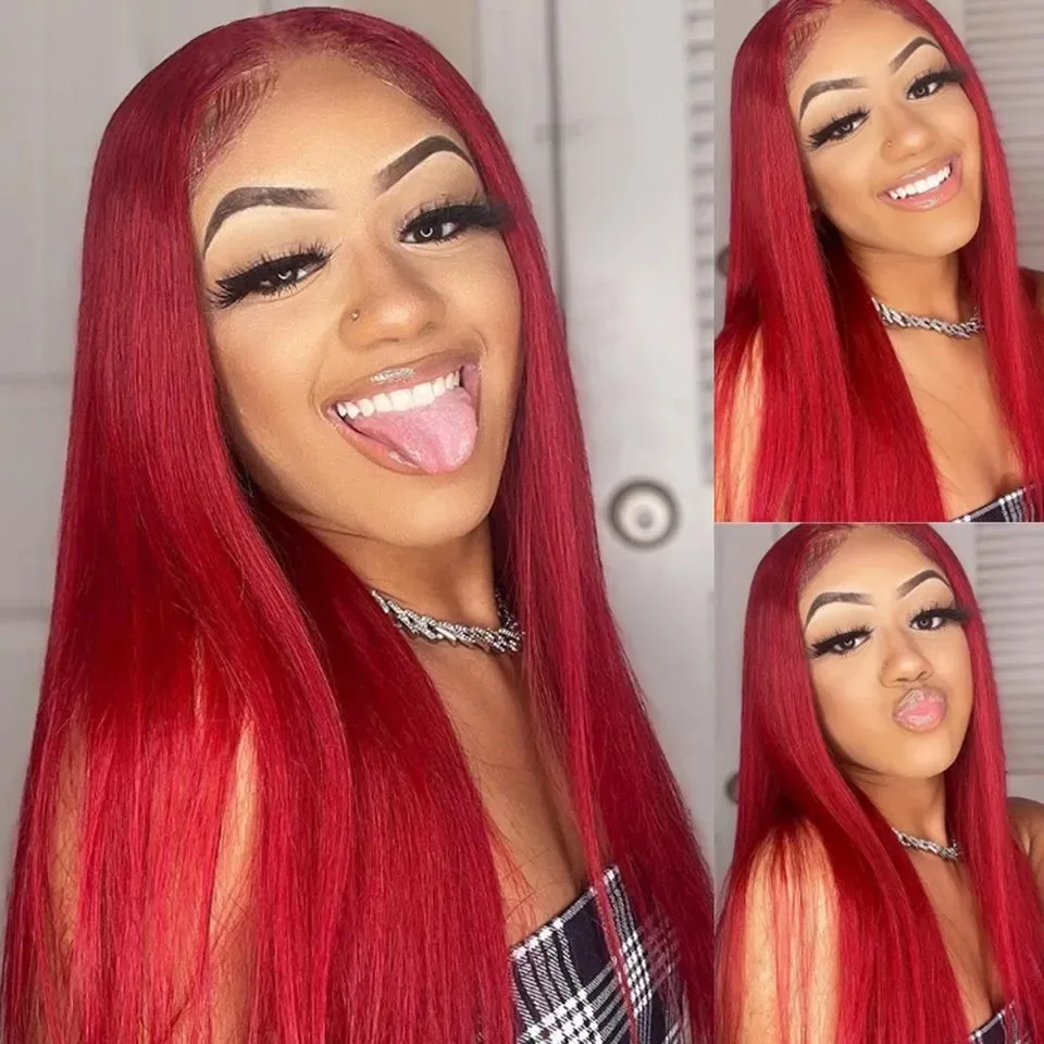 Free Part 32in Red Wig 13x4 Synthetic Lace Front Wig PrePlucked Glueless Long Straight Wigs For Women Heat Resistant Fiber