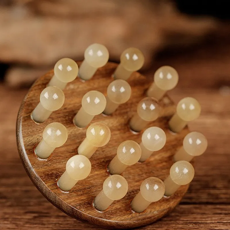 Angle comb with 18 teeth massage comb - Green sandalwood comb with embedded meridian design comb