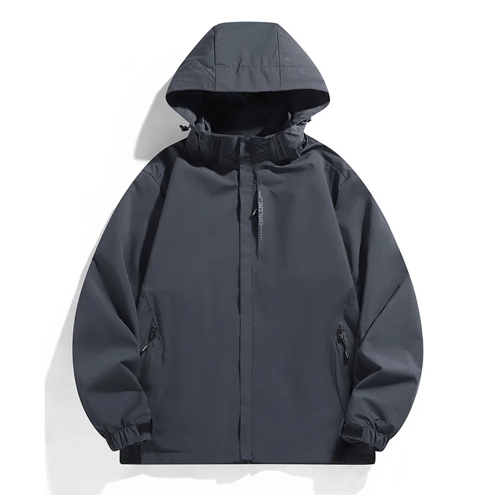 سترة رجالية بغطاء للرأس وسحاب مقاومة للرياح للتسلق في الهواء الطلق والمشي لمسافات طويلة وصيد الأسماك موضة بقصة ضيقة بلون سادة ملابس خارجية معطف كاجوال