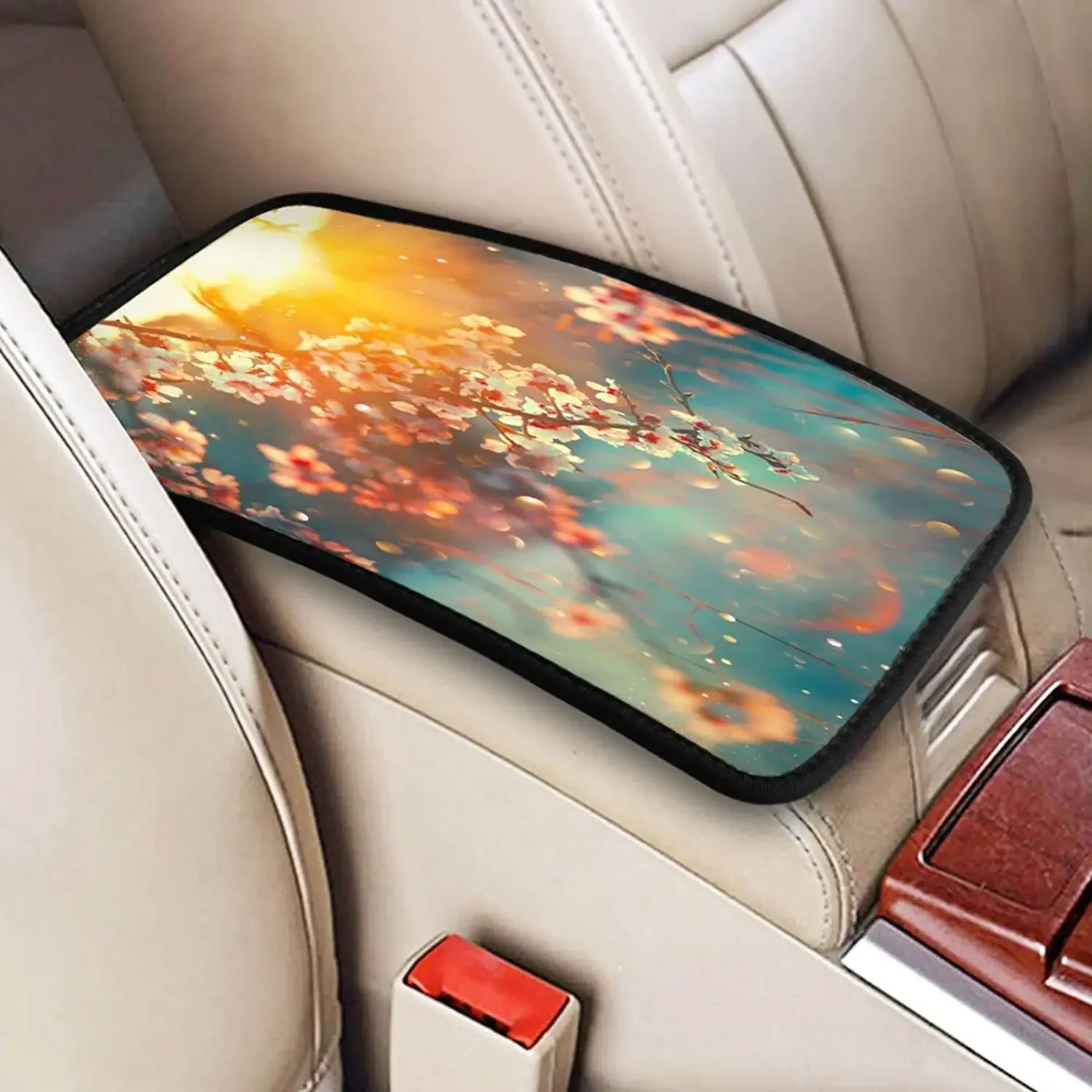 Auto Center Console Armrest Cover Pad, Spring Blossom Tree and Sun Flare Universal Fit Car Armrest Cover Cushion Mat f