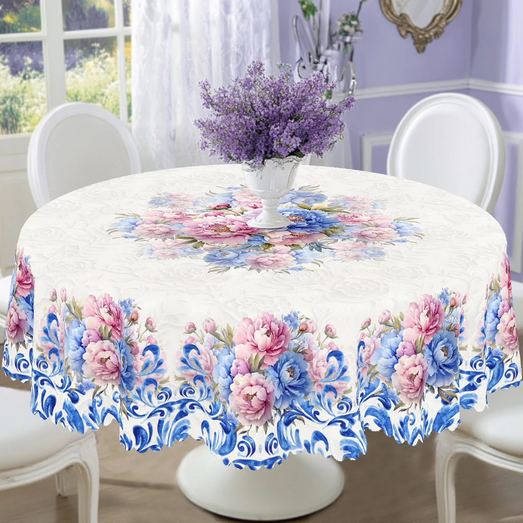 1 Piece Floral Round Tablecloth, Available in 5 Sizes, Blue Porcelain Pattern Floral Print Tablecloth, with Embossed Edges, Spring Garden Tablecloth Decoration, Suitable for Everyday Use in Home Kitchens, Patio Tablecloths, Spring Decoration, Home Decor
