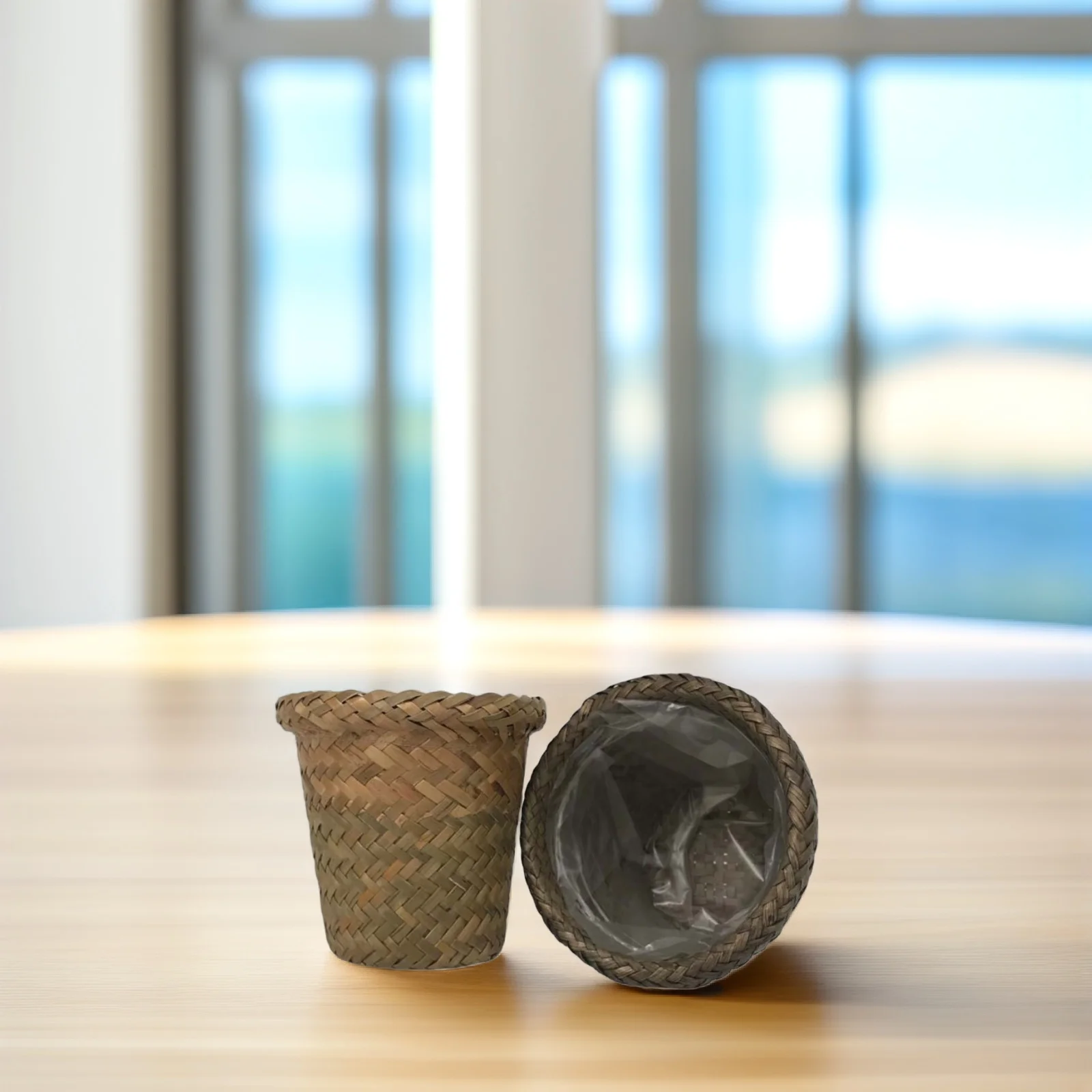 

2pcs Waterproof Plastic Film Small Flower Pot Round Rattan Woven Basket For Succulents Cactus Portable Flower Holder Decorative