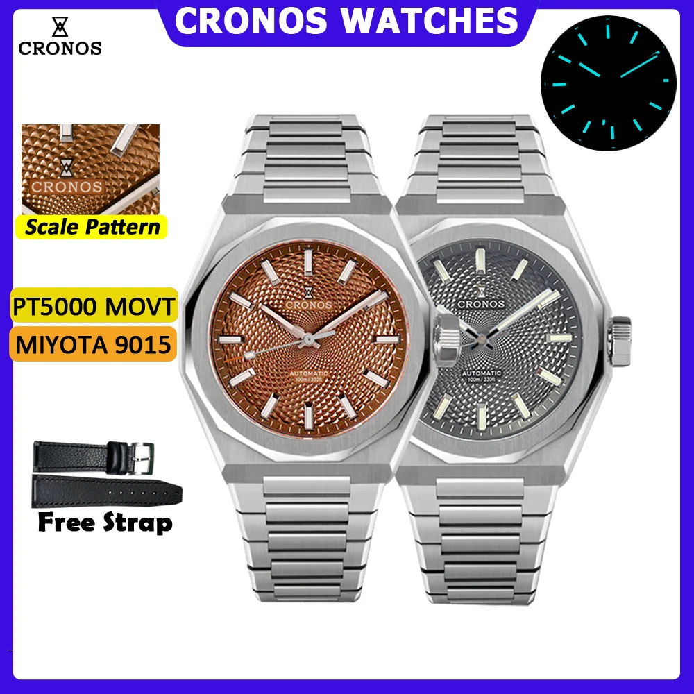 Cronos Luxury Men Watch 39mm Automatic PT5000 Wristwatches Brown Scale Pattern Sapphire 10ATM See-through Back