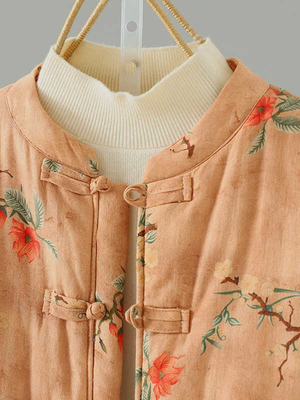 Retro Floral Cotton Jaet Women's Winter New Sle Buttoned Warmth Retention Floral Print Thiened Long Sve Stand Collar...