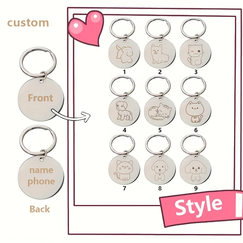 

1Pc【Personalized Customization】Customized Pattern Pendant, 9 Styles to Choose from on the Front, Custom Engraved Name and Phone Number on the Back, Cat Pet Id Tag, Can Also Be Used as Keychain, Bag Charm, or Pet Collar Charm