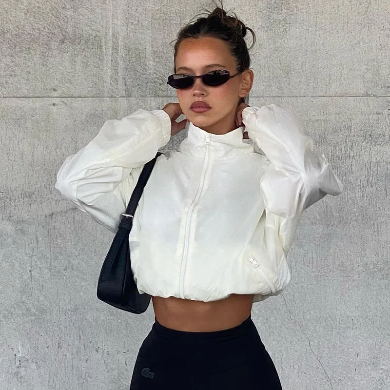 Women Clothing White Color Thin Sun-Protective Outdoor Jacket Sports Jackets Anti UV Windbreaker Coat Zipper Outerwear Crop Tops