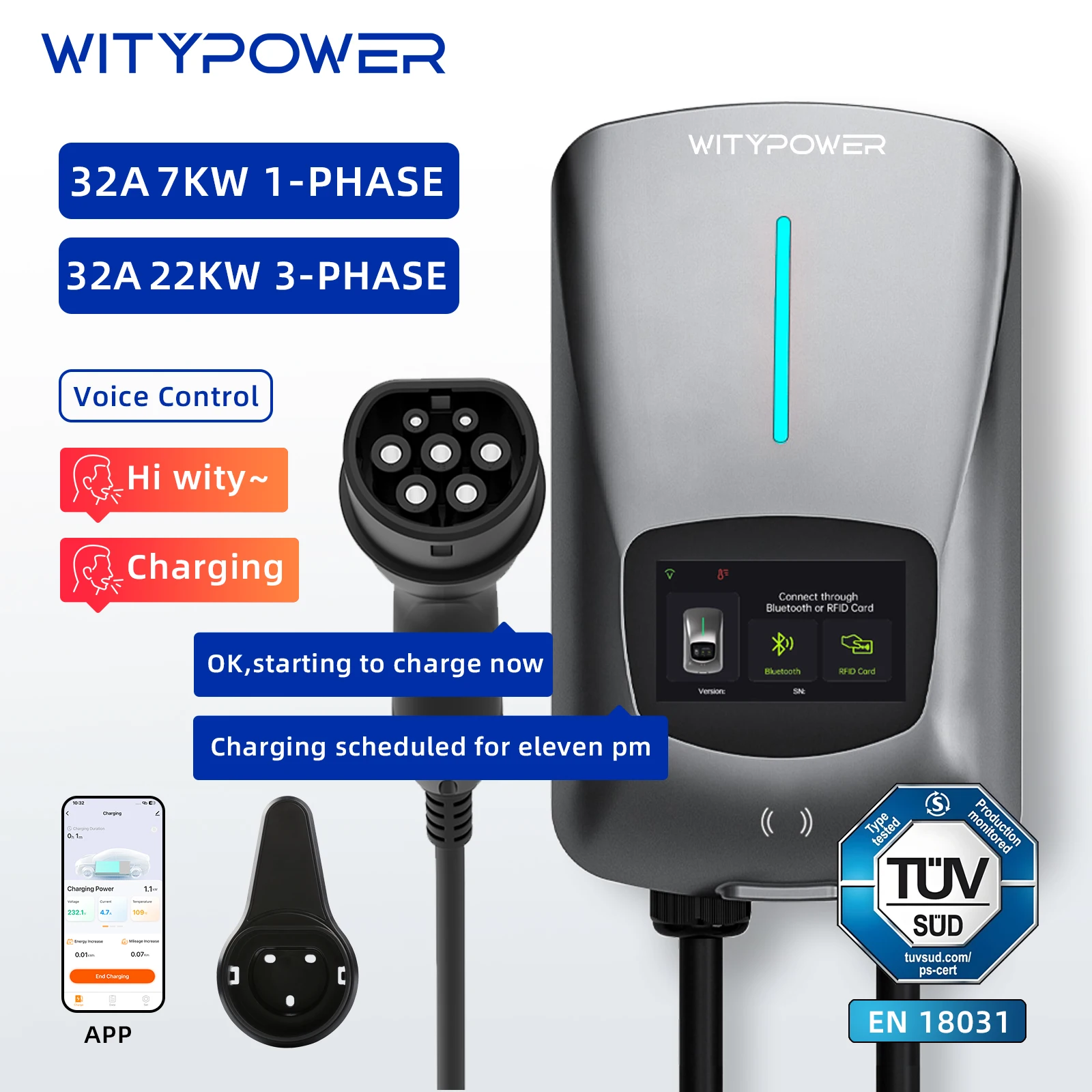 محطة شحن WityPower EV للسيارات Type2 سريعة التيار المتناوب 32A 7KW 22KW شاحن السيارة الكهربائية IEC62196 التحكم الصوتي EVSE صندوق الحائط