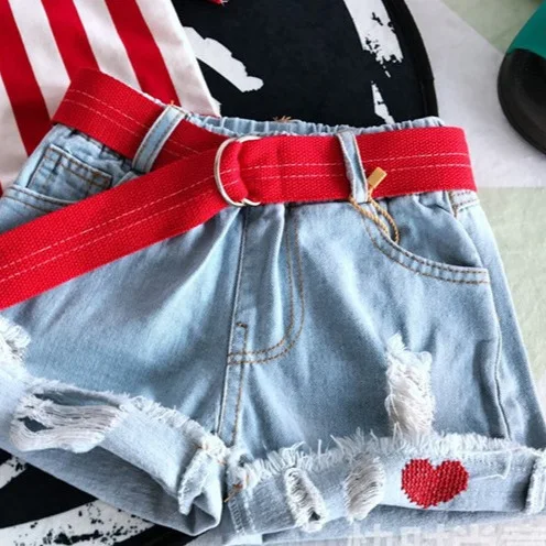 

Girls Light Blue Denim Shorts - Distressed Ripped Hem & Red Heart Appliques with Boho Lace-Up Waist Belt Buckle Casual Summer