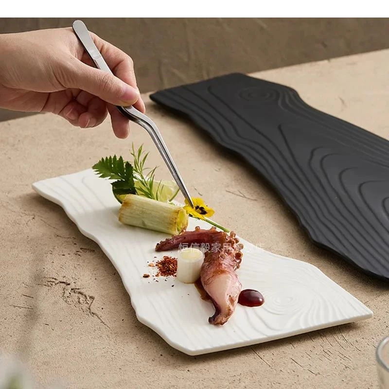 Irregular Annual Ring Texture Ceramic Flat Plate Dessert Sushi Dish Cake Restaurant Molecular Cooking Specialty Tableware