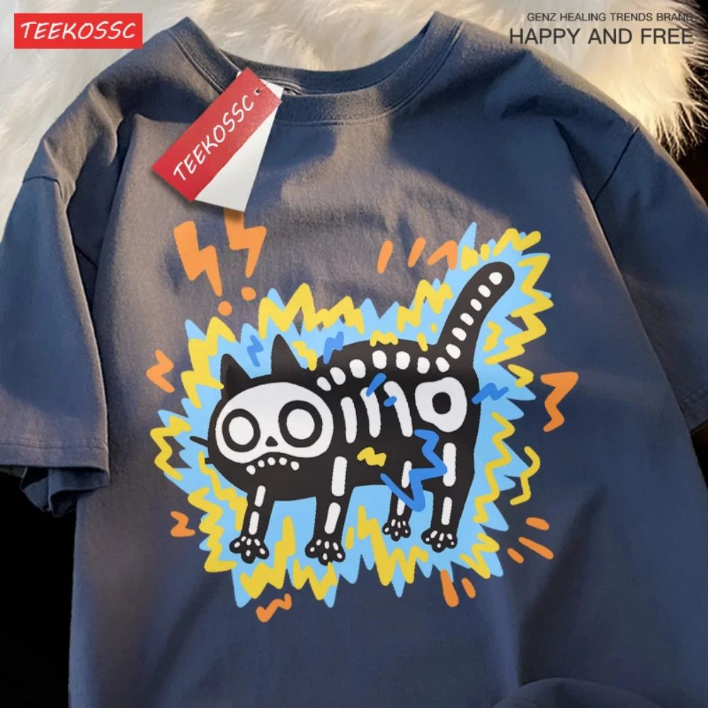 

Мужская и женская летняя футболка с принтом «Кошка-скелет», оригинальная забавная футболка для пар, с изображением кошки, получившей электрический шок, модная брендовая, из чистого хлопка, свободного кроя, с коротким рукавом