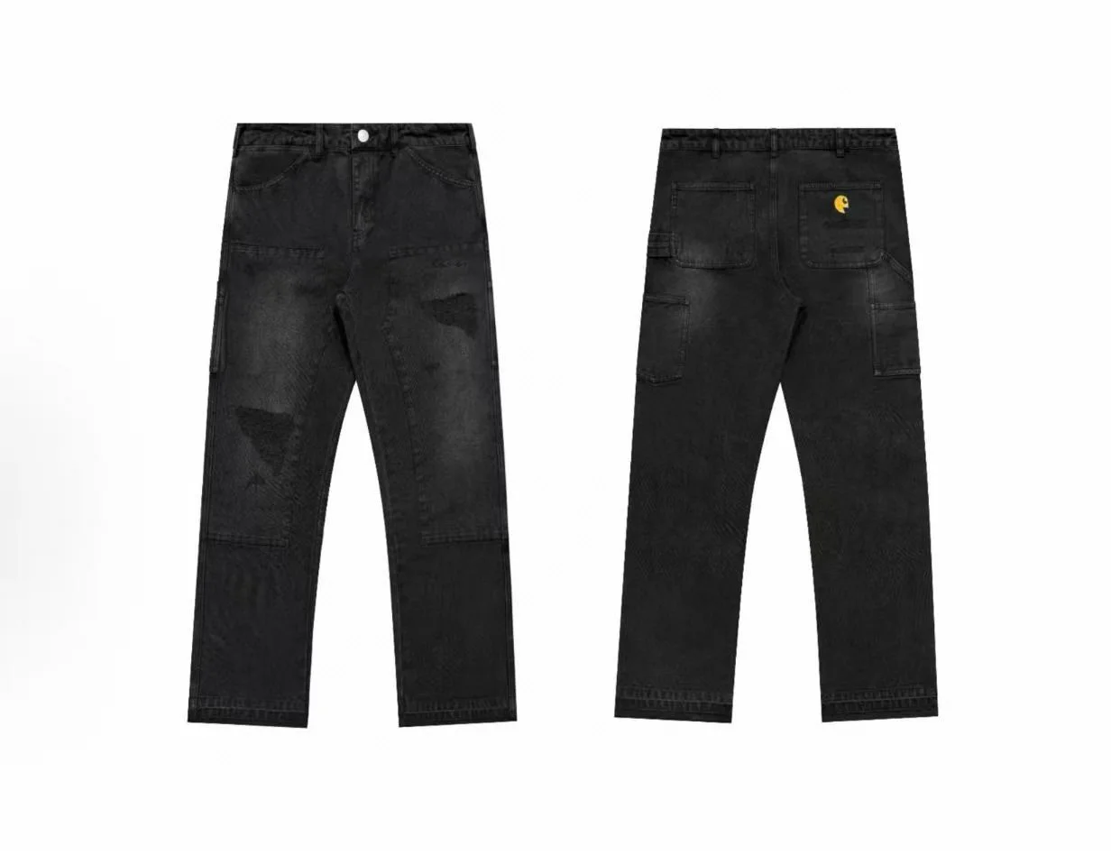 

New 2026 Men's Casual Straight Leg Work Pants Zipper Letter Wear Resistant Cotton Trousers Faionable Worn Waed out Trousers
