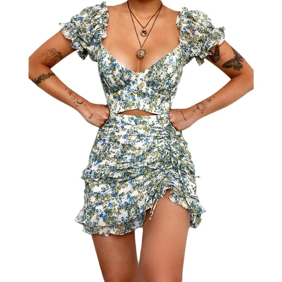 2025 printemps/été nouvelle robe en mousseline de soie en dentelle à imprimé numérique Floral col en v 22132