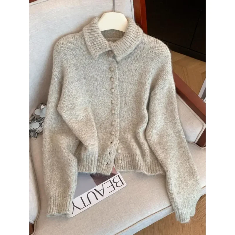 

Autumn Winter New Retro Fashion Solid Slim Knitted Cardigan Tops Women's Single Breasted Long Sleeved Short Sweater Streetwear