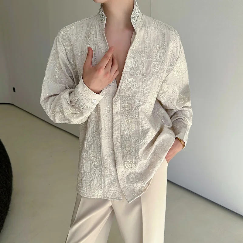 

High Quality Pearl Linen Women Embroidery Nailed Big Size Blouse New Stand Collar Long Sleeve Shirt Fashion Spring Autumn YGD8