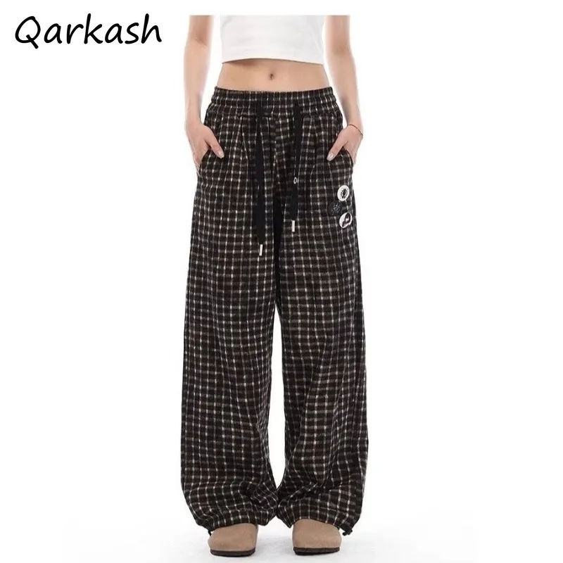 Pants Women Contrast Color Plaid Three-dimensional Badge Decorated Straight Casual Drawstring Wide Leg Loose Unisex Trousers