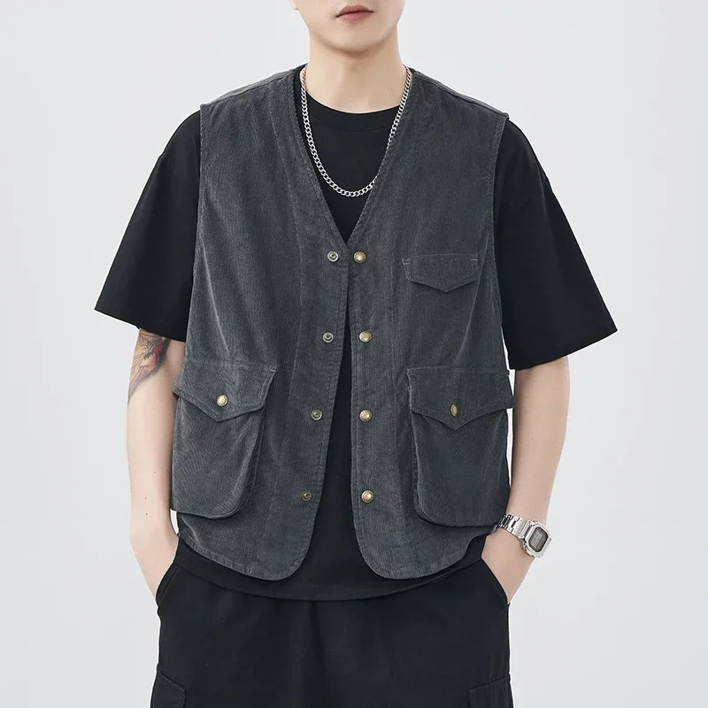 Corduroy Work Vest Men Japanese Streetwear Vintage Fashion Loose Casual Cargo Vest Sleeveless Jacket Cityboy Waistcoat