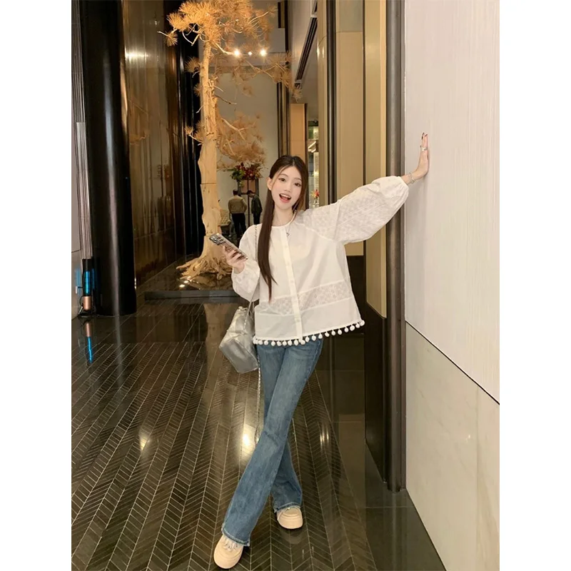 หญิงฤดูใบไม้ผลิฤดูร้อน Preppy สไตล์สดชื่นปุ่ม Hollow Out สีทึบ O-คอผู้หญิงเสื้อหวาน Kawaii แขนยาว Top Tee