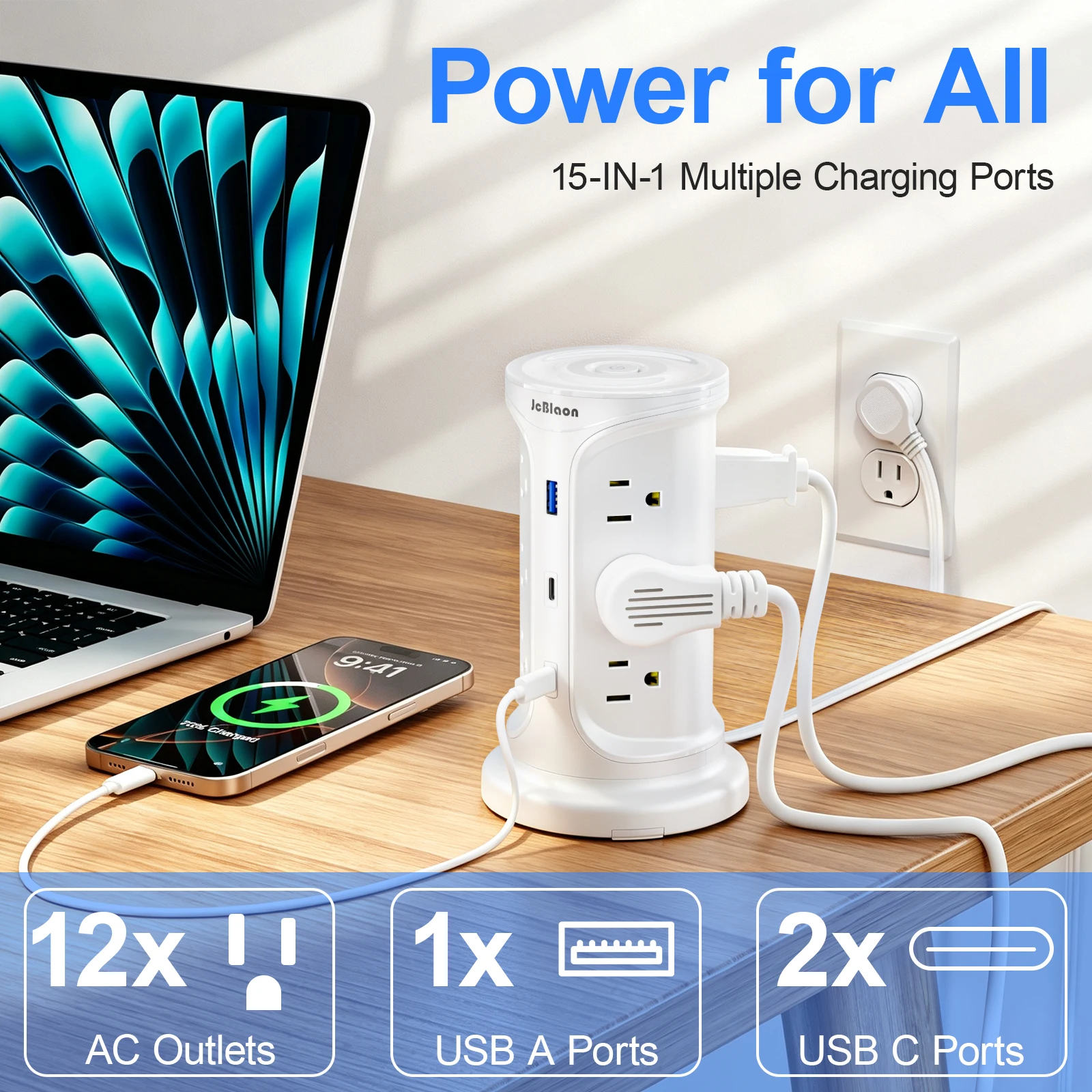 Mountable 15-in-1 Power Strip, 12 Outlets + 3 USB (2 USB-C), Overload Reset, 6FT Flat Cable for Home Office