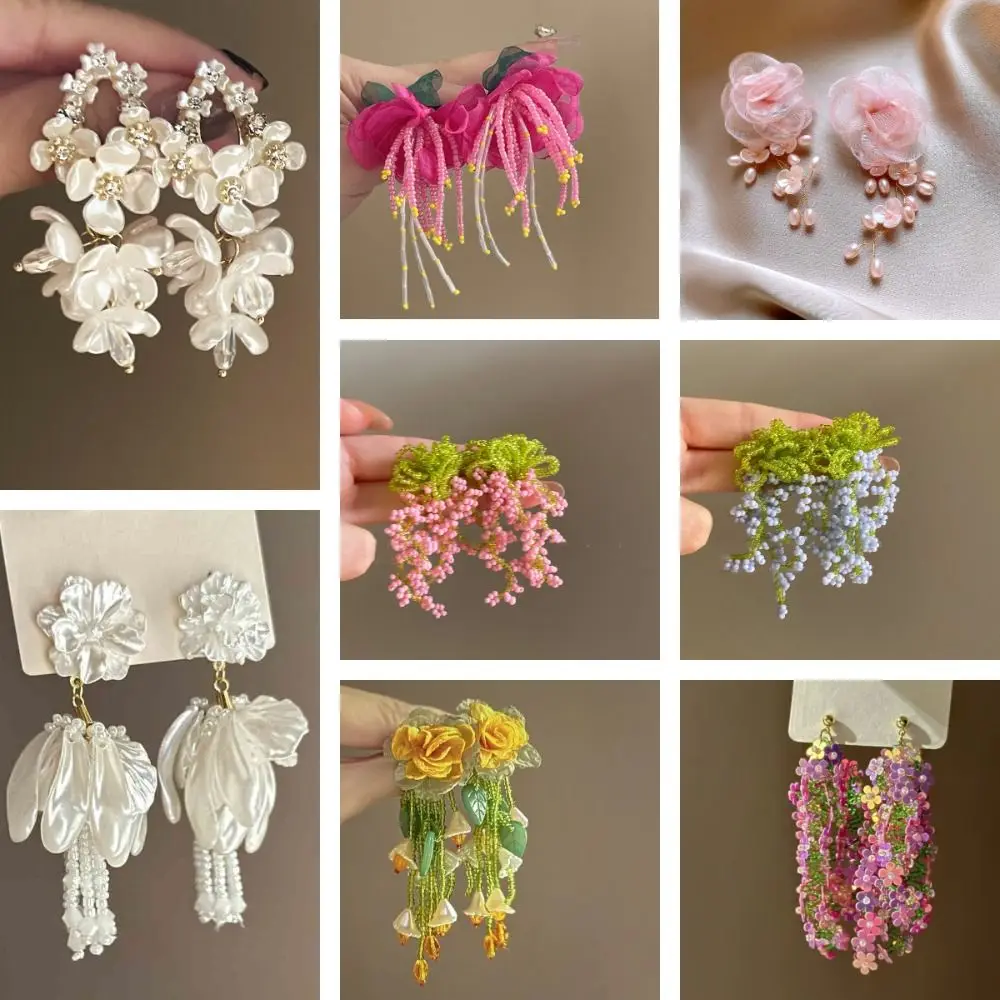 أقراط متدلية على شكل زهرة حلوة مبالغ فيها أقراط شاطئ شرابة مطرزة بالكريستال أقراط بتلات رائعة على شاطئ البحر #4