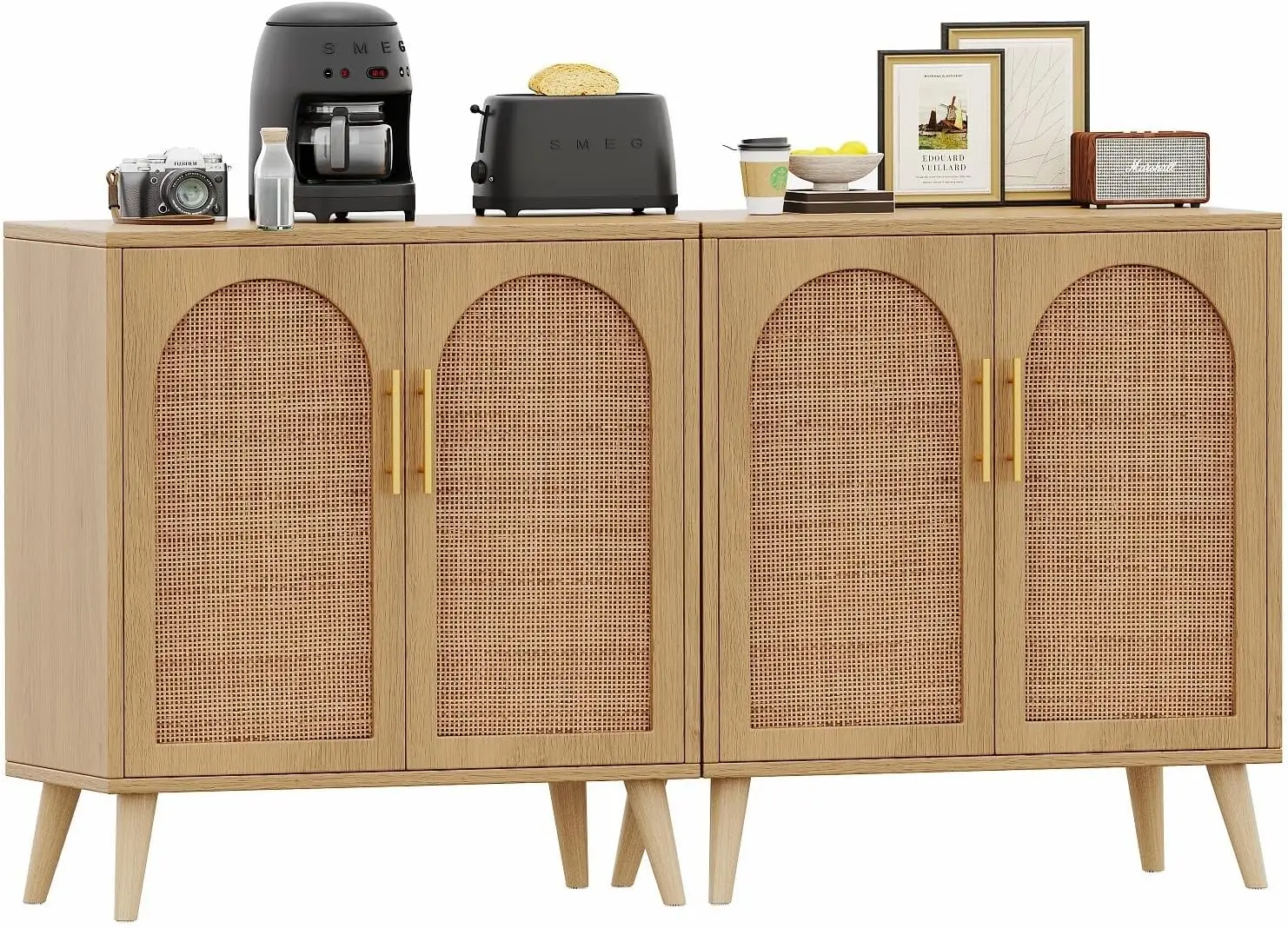 Rovaurx Set di 2 armadietti in Rattan con ante, mobile da pavimento per bagno con accento, credenza moderna credenza per Buffet