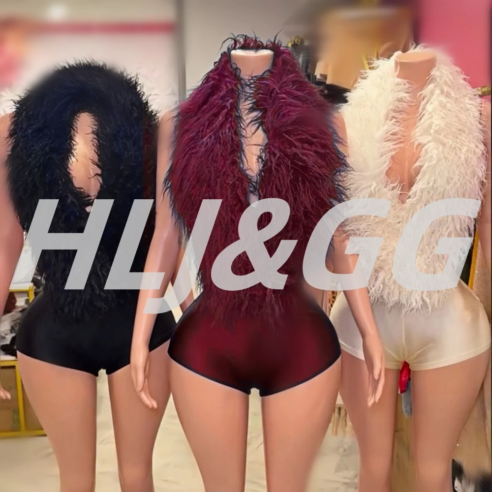 

HLJ Fashion Trend Feather Fur Hollow Out Bodycon One Piece Rompers Women Halter Deep V Backless Slim Jumpsuits Y2K Streetwear