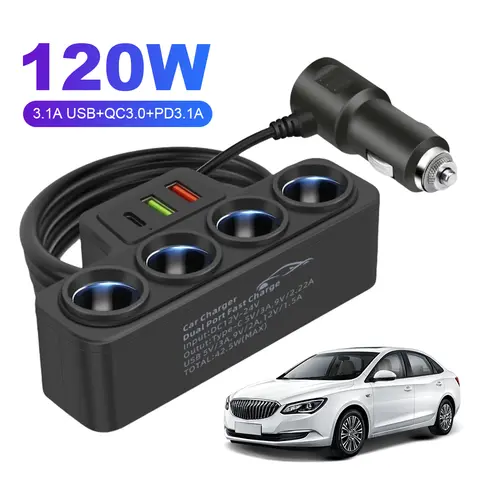 Fast Charger Plug QC3.0+PD 3.1A 12V-24V Phone Power Adapter 4-Socket 120W Car Cigarette Lighter Socket Splitter Plug 3 USB Ports