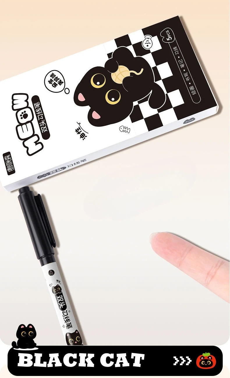 5 Stück Doppelspitzen-Zeichenstift mit feiner Linie, wasserfest, schwarzes Katzen-Design zum Skizzieren, Manga-Kunststudenten-Marker – Detail 7