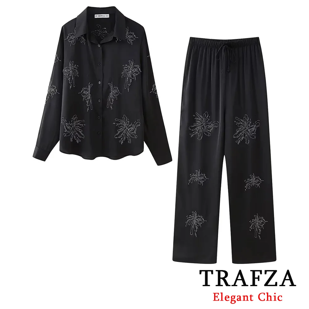 TRAFZA Elegant Casual Embroidery Beaded Set Women\'s Lapel Buttons Long Sleeve Blouse With Pants New for 2024 Spring Loose Suit