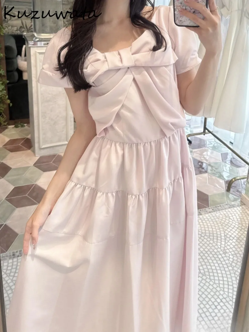 

Kuzuwata Elegant Solid Gentle Skew Collar Puff Sleeve Dress Tie Slim Waist Big Swing Vestidos Japan Bow Pullover Luxury Mujer