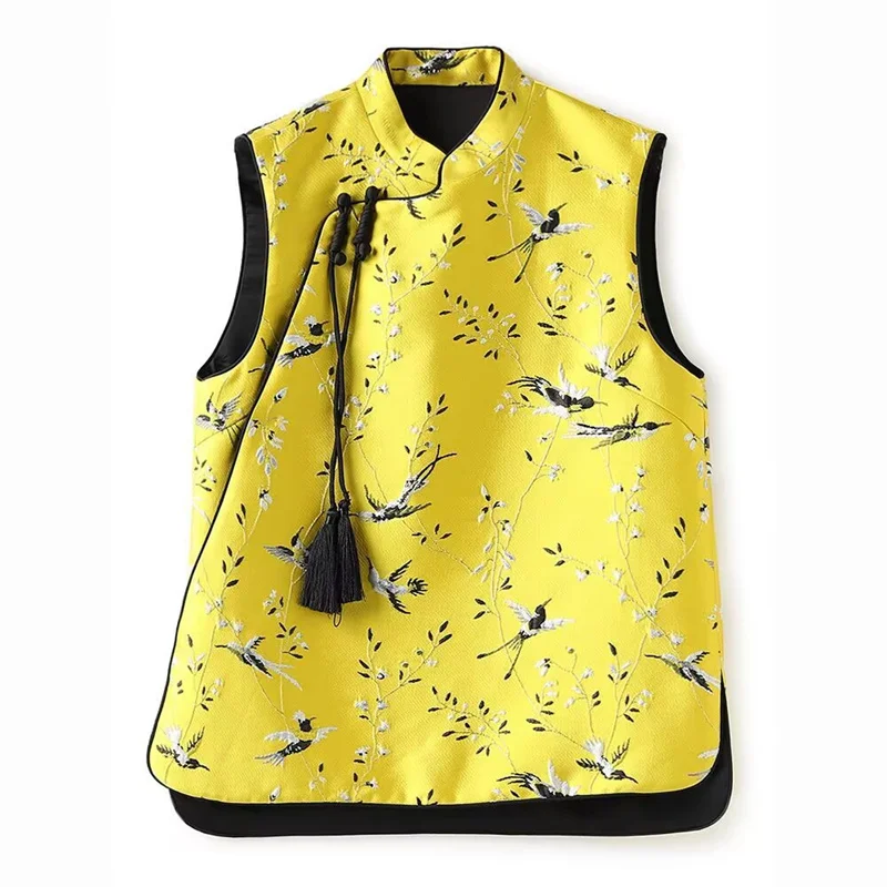 Chaquetas de mujer, chaleco para mujer, chaqueta de viento nacional ligera china, chaleco de Jacquard amarillo, chaleco de moda de primavera para mujer