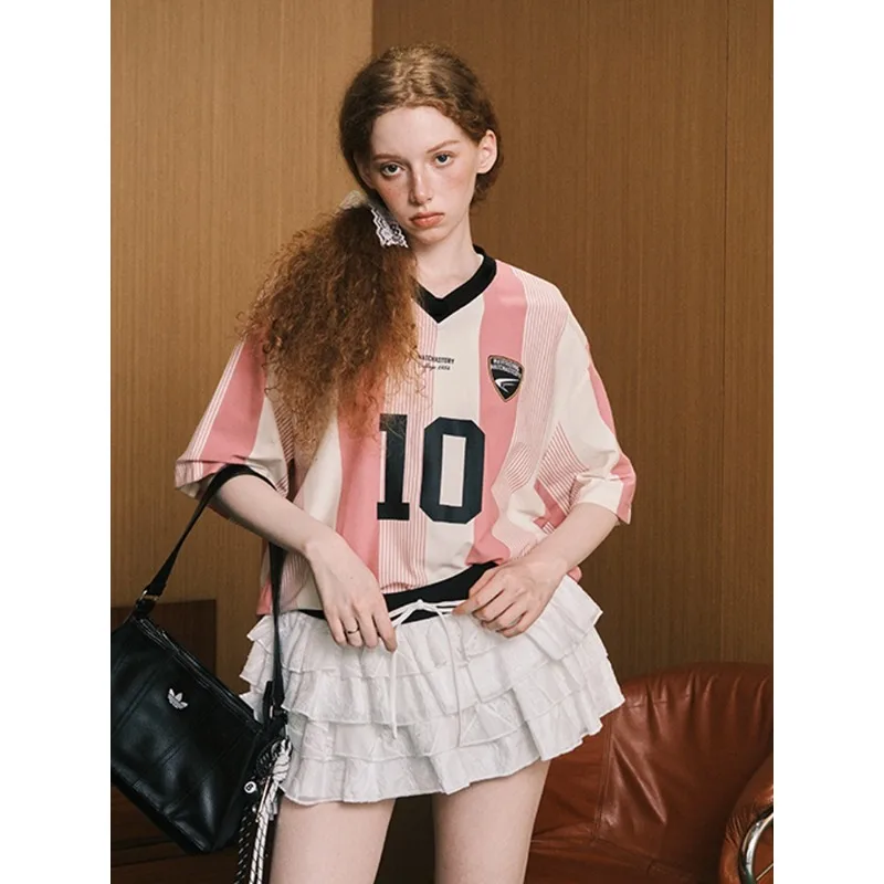 

American Sweet Fashion Limited Edition Color Striped 3D Printed T-shirt Y2k V-neck Women's Clothing Preppy Punk Quick Drying Top