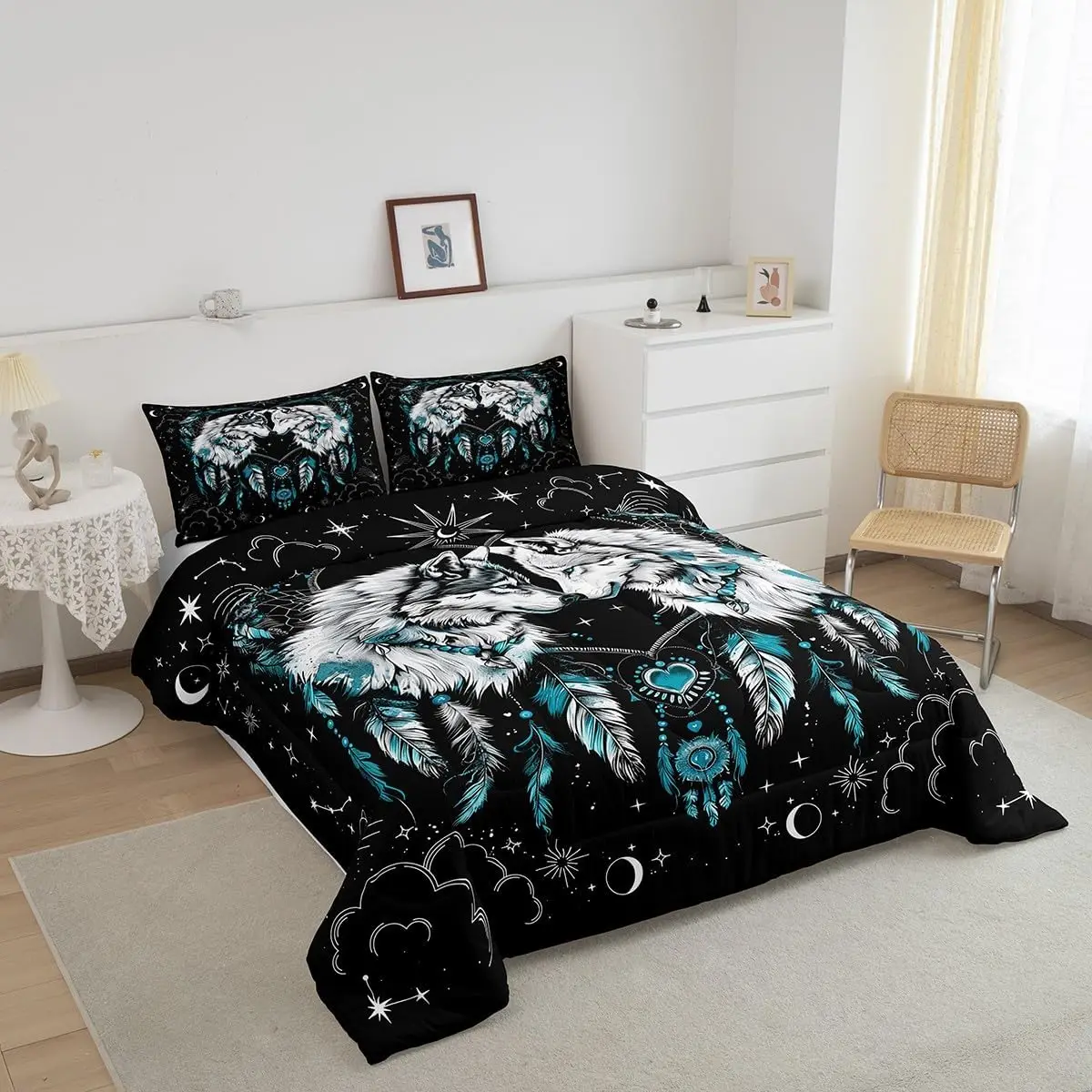 2/3pcs Wolf  Duvet Cover Set King Size,Stars Sun Moon Love Heart Dreamcatcher Romantic Boho Bedding Set,Boys Girls Room Decor