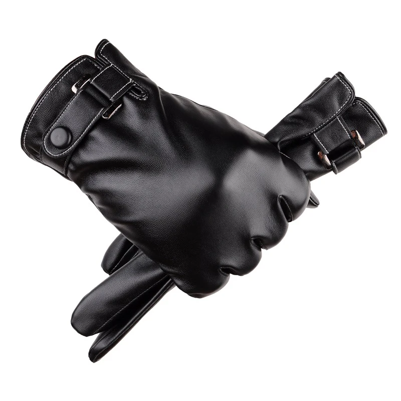 Black Waterproof Full Finge Leather Gloves Thickened Warm Driving Gloves Touch Screen Thermal Outdoor Sports Thick Cotton Gloves