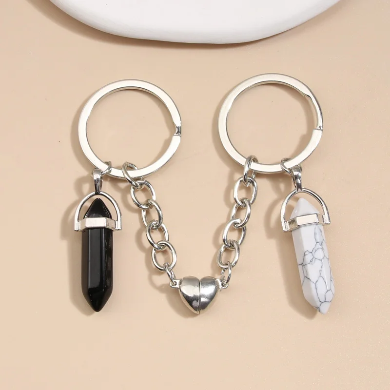 New Keychain Crystal Quartz Stone Key Ring Heart Magnetic Button Key Chains For Couple Friend Gifts DIY Handmade Jewelry