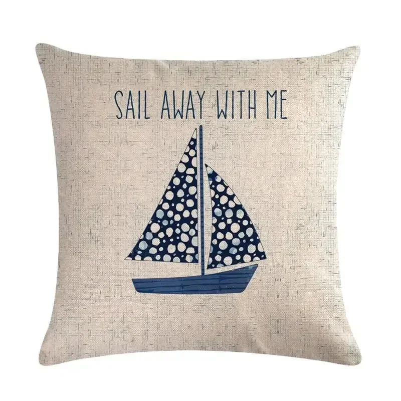 Navigation Nautical Throw Pillow Cover Beach Anchor Cushion Cover Fish  Linen Decoration Life buoy Pillowcase 45x45cm