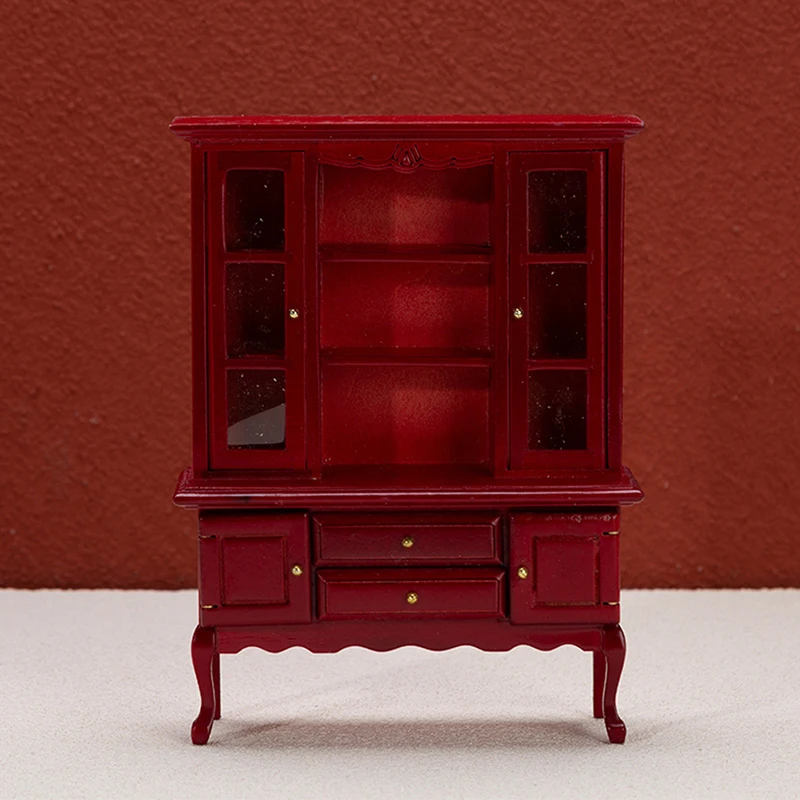 1:12 Dollhouse Miniature Chinese Classical Bookcase Glass Cabinet Chest Of Drawers Dust Cabinet Wooden Furniture Model Decor Toy