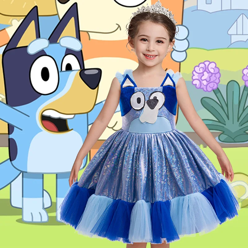 

New Bluey Family Anime Character Peripherals Girls' Clothing Summer Sleeveless Blue Princess Fluffy Dress Performance Clothing