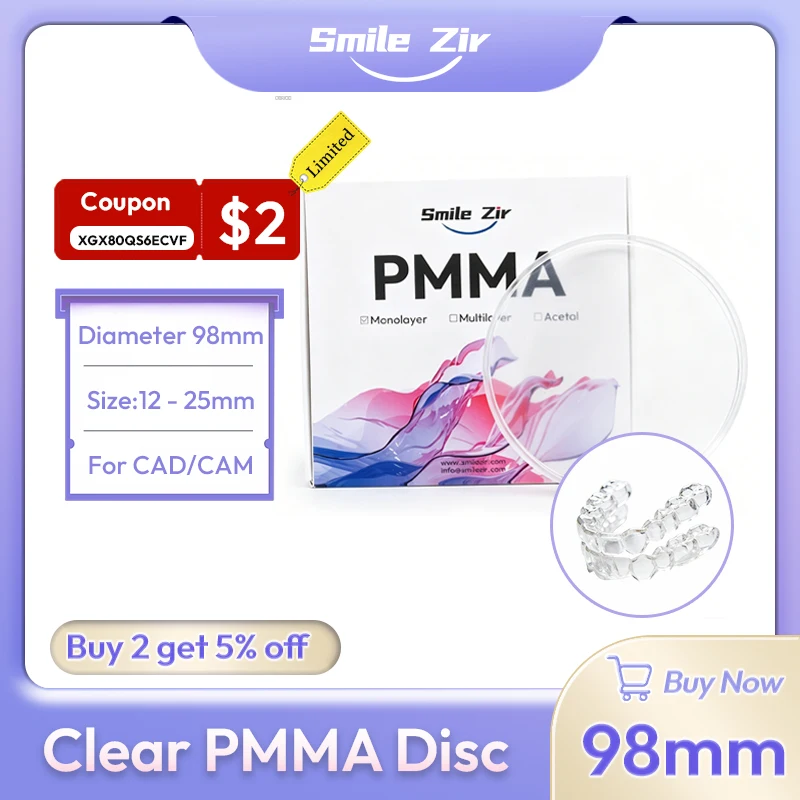 

smile_zir Clear Monolayer PMMA Blocks 98mm Transparent Discs Dental Lab CAD/CAM Temporary Crown Bridge Dentistry Materials