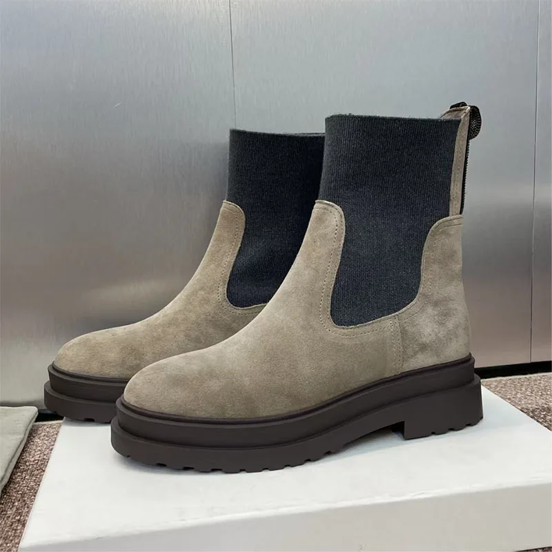 

Лидер продаж, короткие сапоги, женские туфли на плоской подошве с круглым носком, женские замшевые лоскутные вязаные ботильоны, черные женские сапоги с бусинами