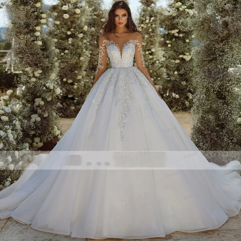 Elegant Wedding Dresses Women's A Line Sexy Appliques Long Sleeve Bridal Gowns Princess Sweetheart Lace Up Vestidos De Noche