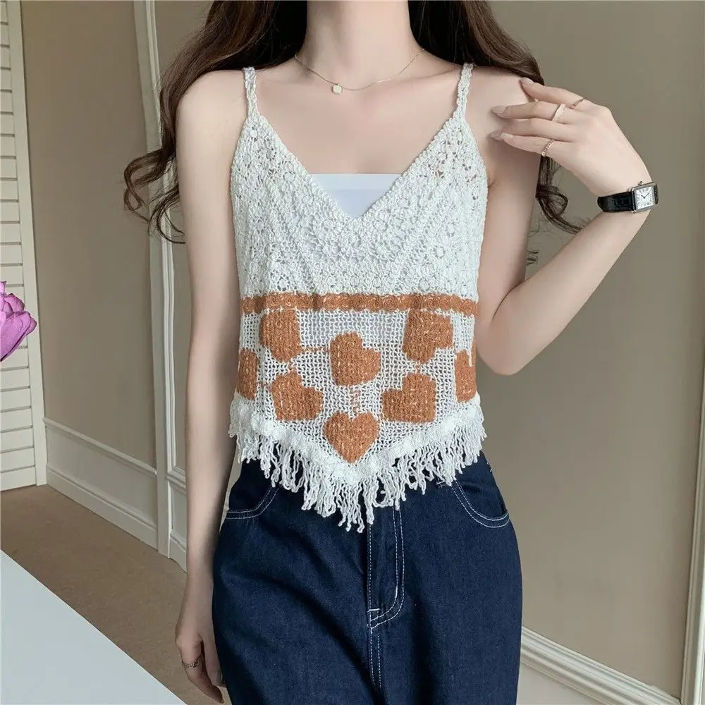 Pastoral Style Embroidery Knitted Vest Gentle Elegance Embroidery Knitted Hollow Tops Inner Tie Simple Short Sleeveless Tops