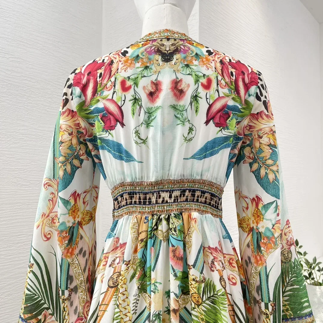 Multicolor Silk High Quality 2024 New Collection Green Floral Position Print Long Sleeve V-Neck Diamonds Women Midi Dress