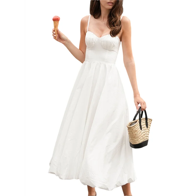 Aoao-coral midi vestido de luxo cetim feminino vestidos de verão sem mangas cinta espaguete espartilho baile branco m