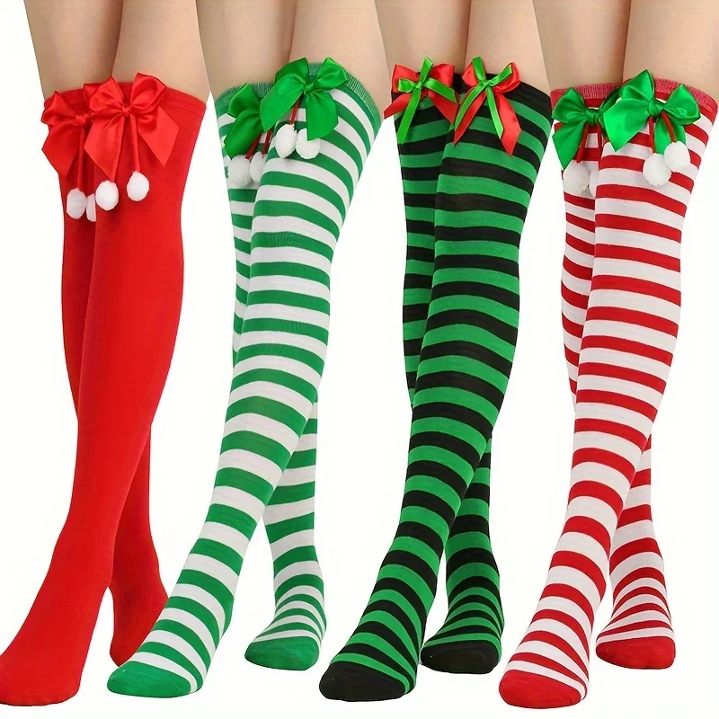 Fashion Christmas Women\'s Socks Striped Long Stockings Christmas Decorations High Socks Striped Knee Sock Comfortable Sox Female