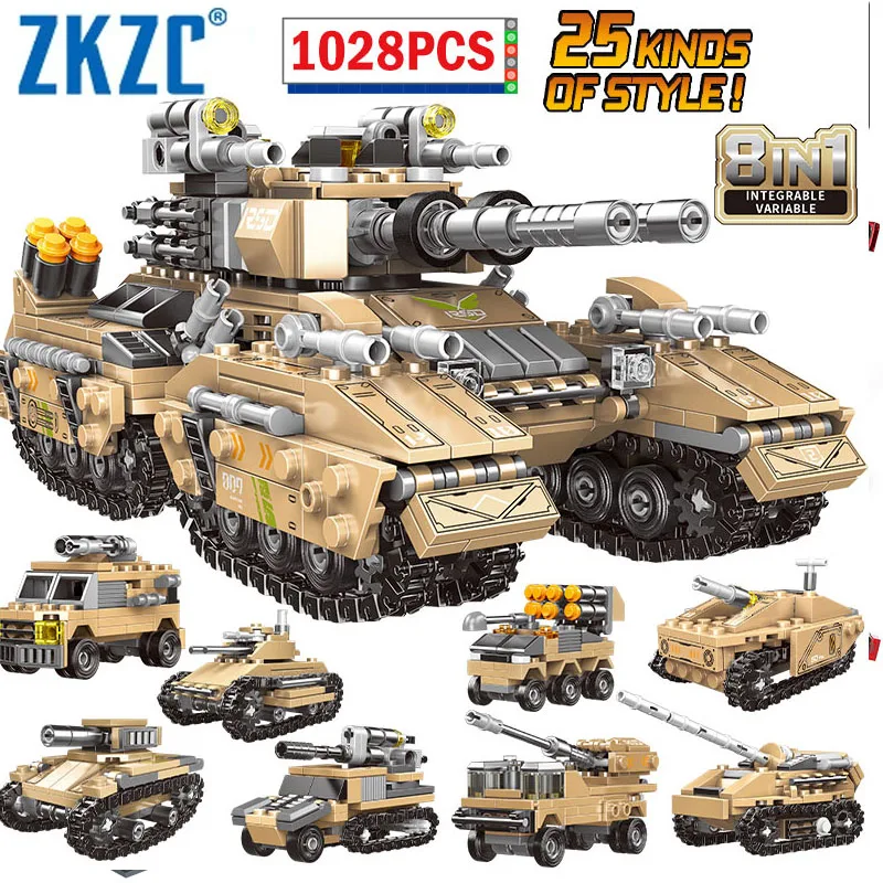 ZKZC WW2 8 in 1 Military The Emperor Tank Assemble Building Block Toy Missile Armored Car Chariot Brick Children Gifts